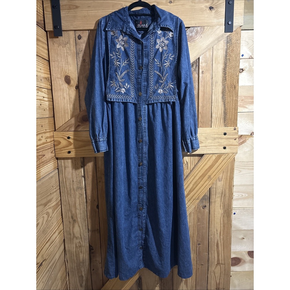 Vintage Maxi Button Front Dress Denim Embroidered Floral Prairie Cottage Large